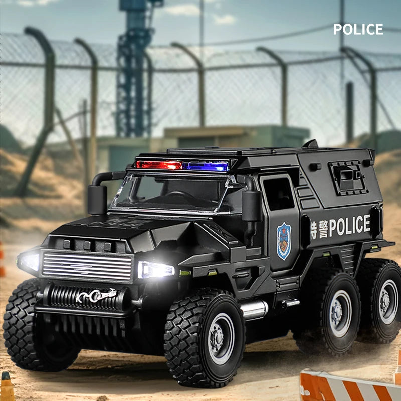 A black SWAT City Police truck diecast toy with lights and sounds parked outdoors.