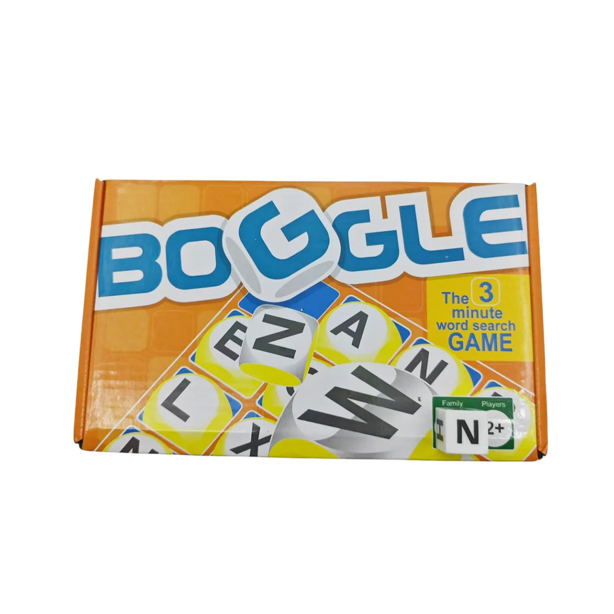 Box of the Boggle 3 minute word search game featuring letter dice and puzzle tiles.