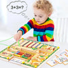 A toddler is playing with a wooden magnetic maze puzzle board designed for color and number learning.
