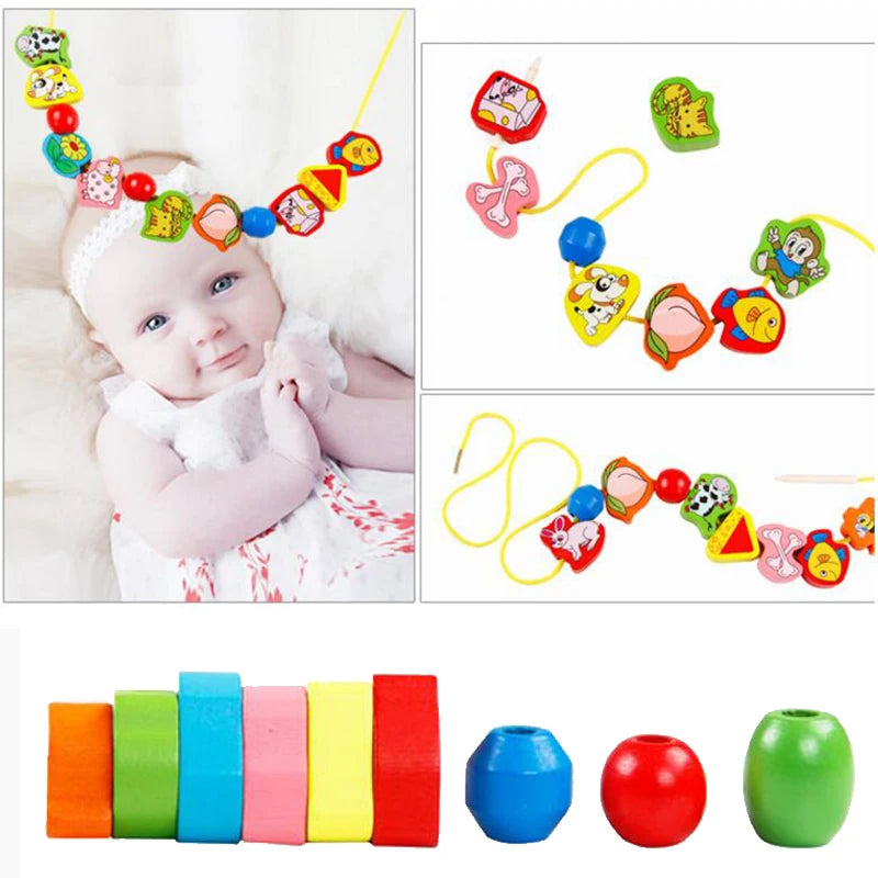 Wooden Animal & Fruit Threading Beads Set for Toddlers