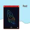 A red drawing tablet displaying a neon green rocket doodle on a black screen.