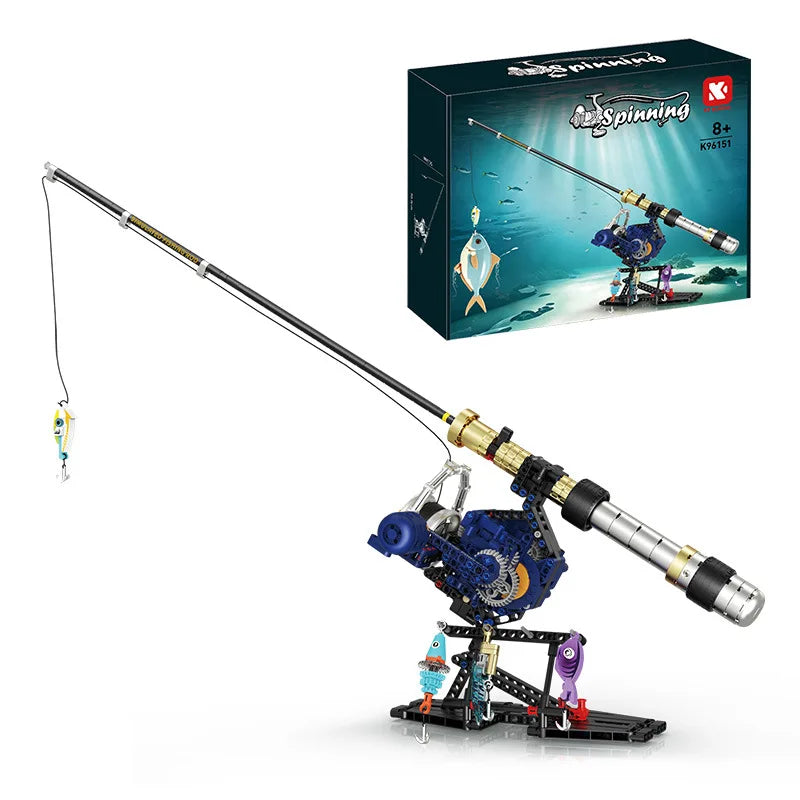 A fishing rod building blocks set with a reel is shown, featuring a DIY construction kit for adults and teens.