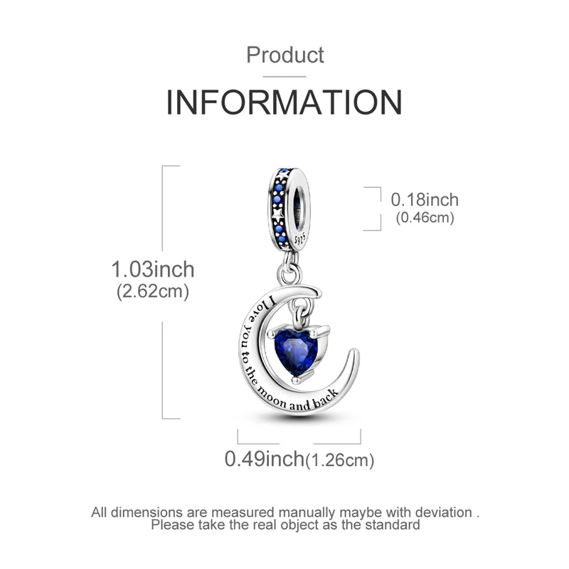 A silver heart charm with a crescent moon design and a blue gemstone detail for bracelets and necklaces.