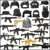 A collection of military building block accessories including various guns and helmets.