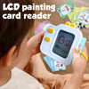 A child is holding an LCD painting card reader device displaying 'Gg Grass' while interacting with learning flash cards.