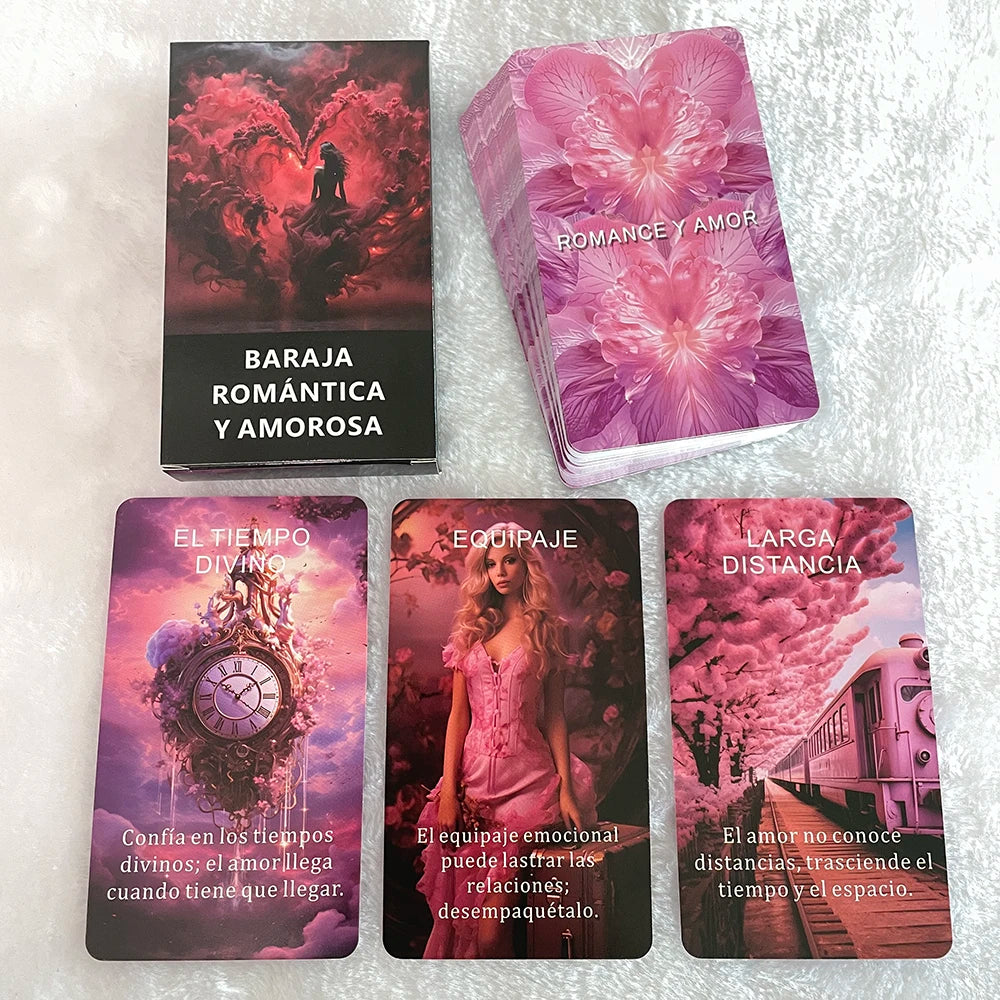 A set of Spanish love oracle cards featuring pink and purple floral designs and romantic themes.