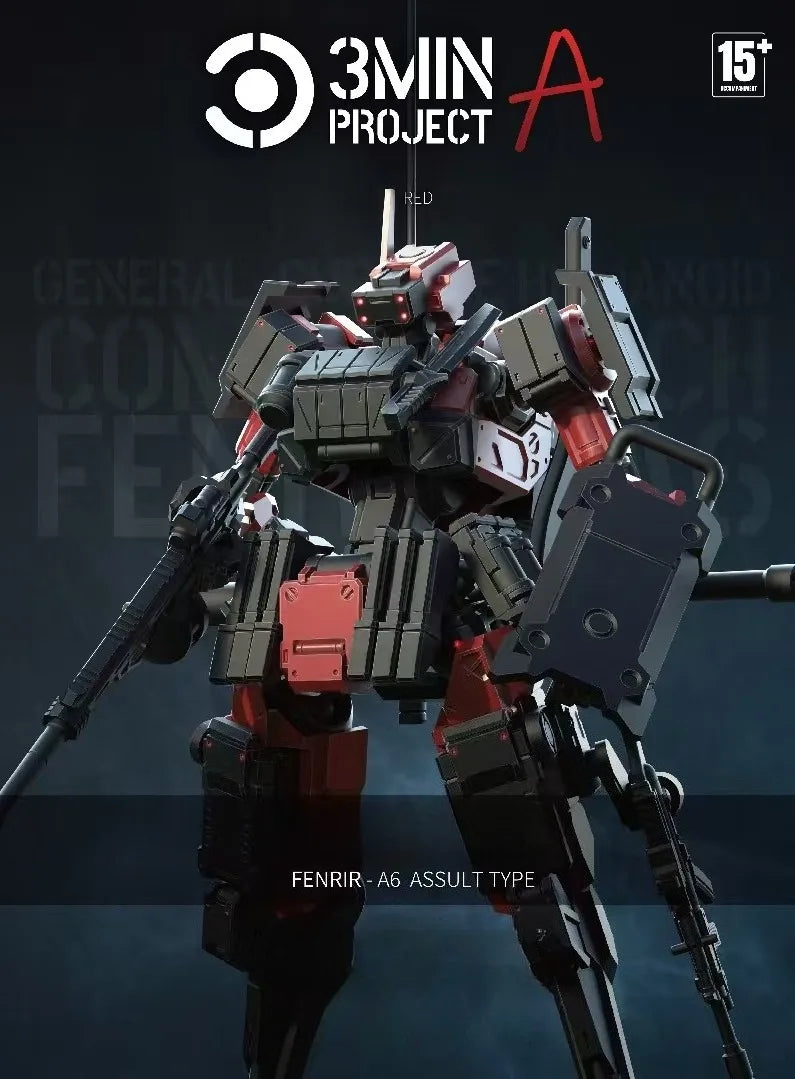 A detailed model kit of the FENRIR A6 Assault Type mecha, featuring red and dark gray armor.