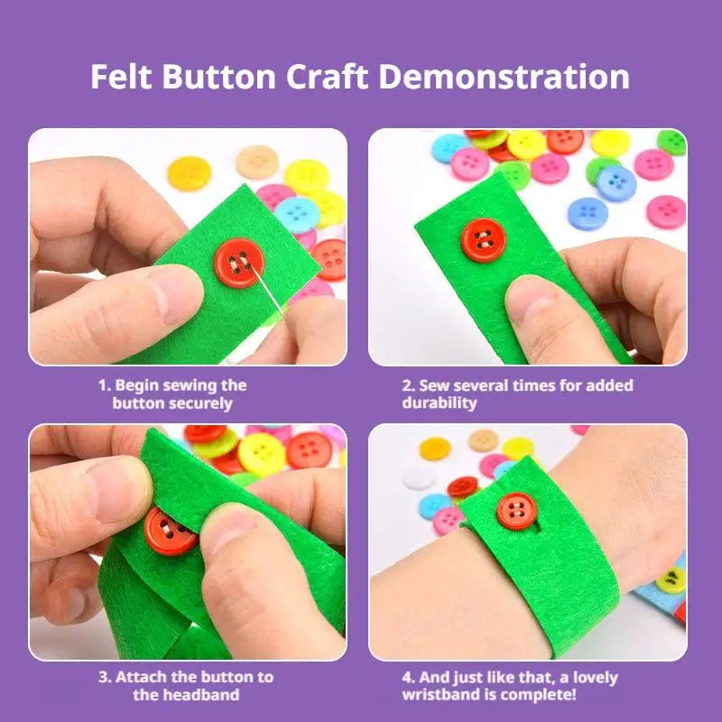 Demonstration showing how to sew a felt button onto a green felt headband for a craft project