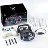 A purple and black flying car RC drone kit with controller and accessories displayed next to its packaging.