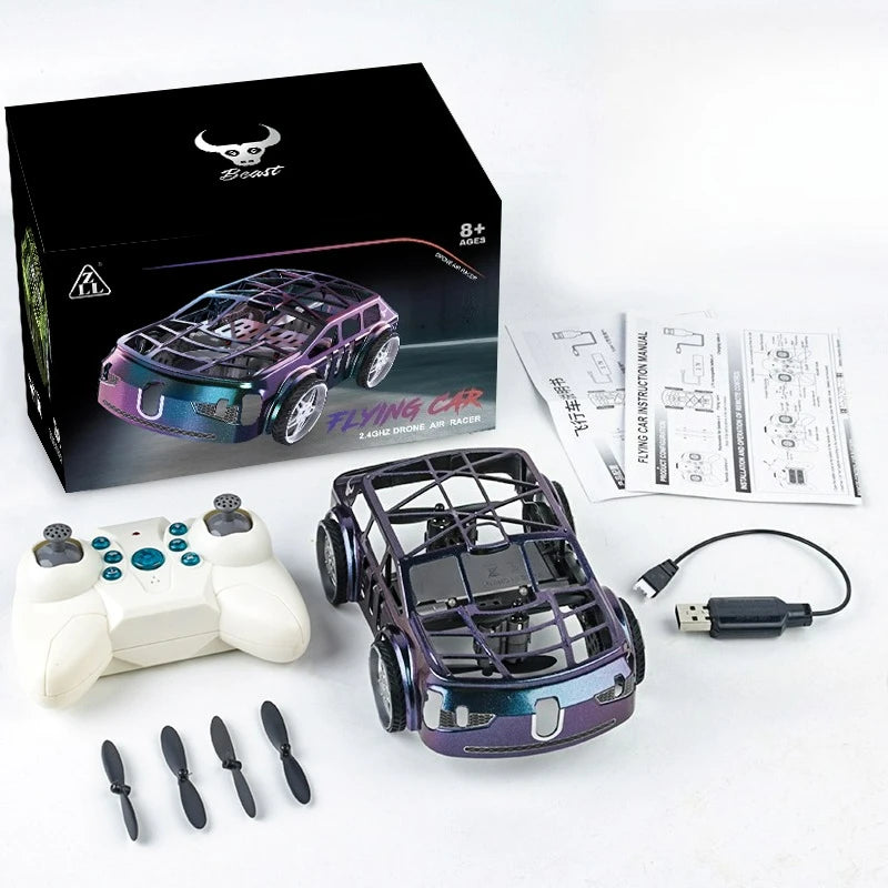 A purple and black flying car RC drone kit with controller and accessories displayed next to its packaging.