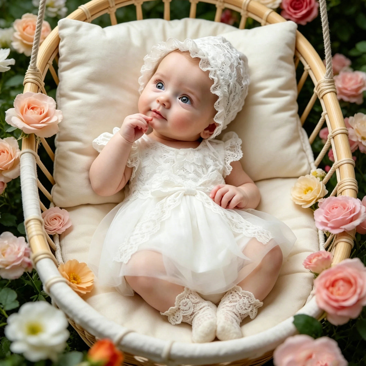A newborn baby girl in a white lace tulle dress and hat is resting in a wicker basket surrounded by pink roses.