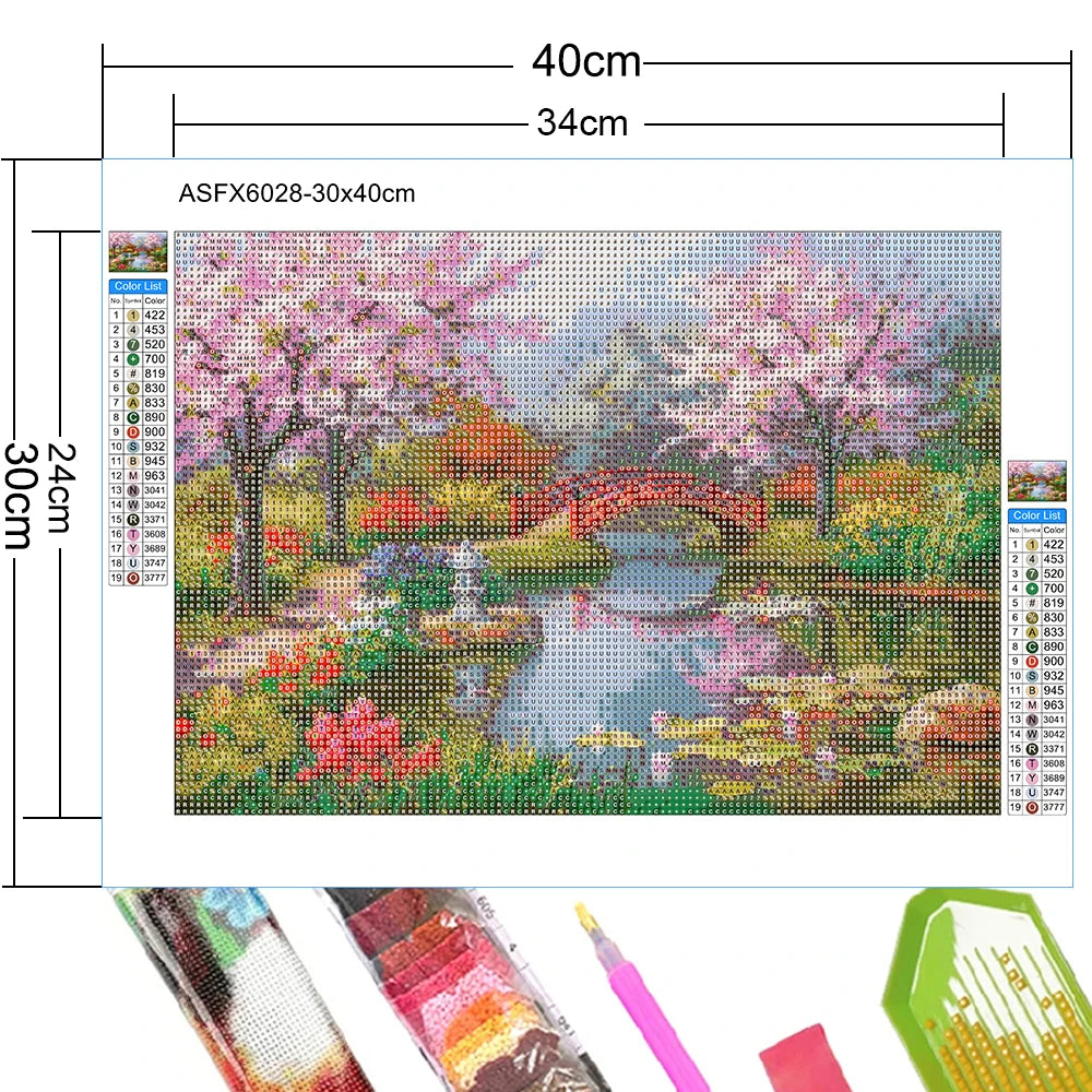 ASFX6028-30x40cm diamond painting kit featuring a scenic forest landscape with pink and green flowers.