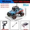 Blue WLtoys 6407 RC monster truck with display, remote control, and color box.