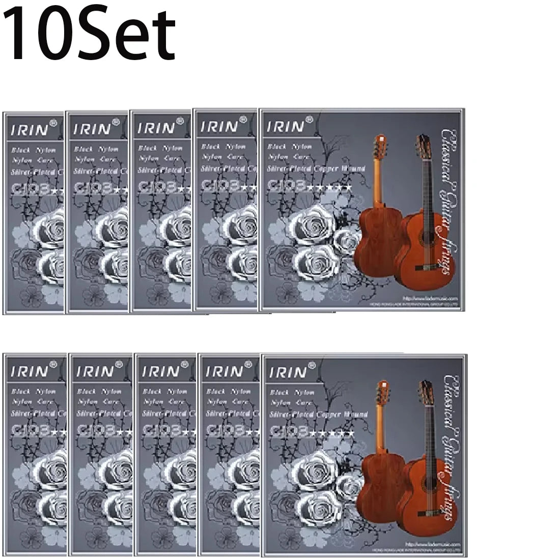 A set of 10 classical guitar strings featuring clear nylon and silver-plated copper wound strings.