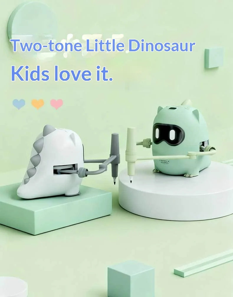 Two-tone Little Dinosaur Kids love it. Shows a white and green dinosaur drawing robot toy.