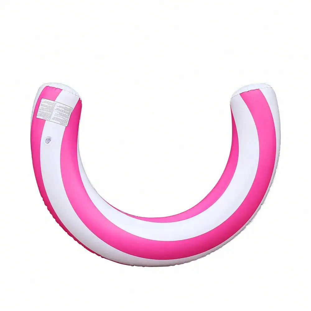 A pink and white striped inflatable U-shaped pool float for adults.
