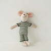 A handmade mouse plush doll with pink ears and a striped green outfit.
