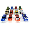 A collection of various colored race track cars, including green, blue, red, and yellow models.