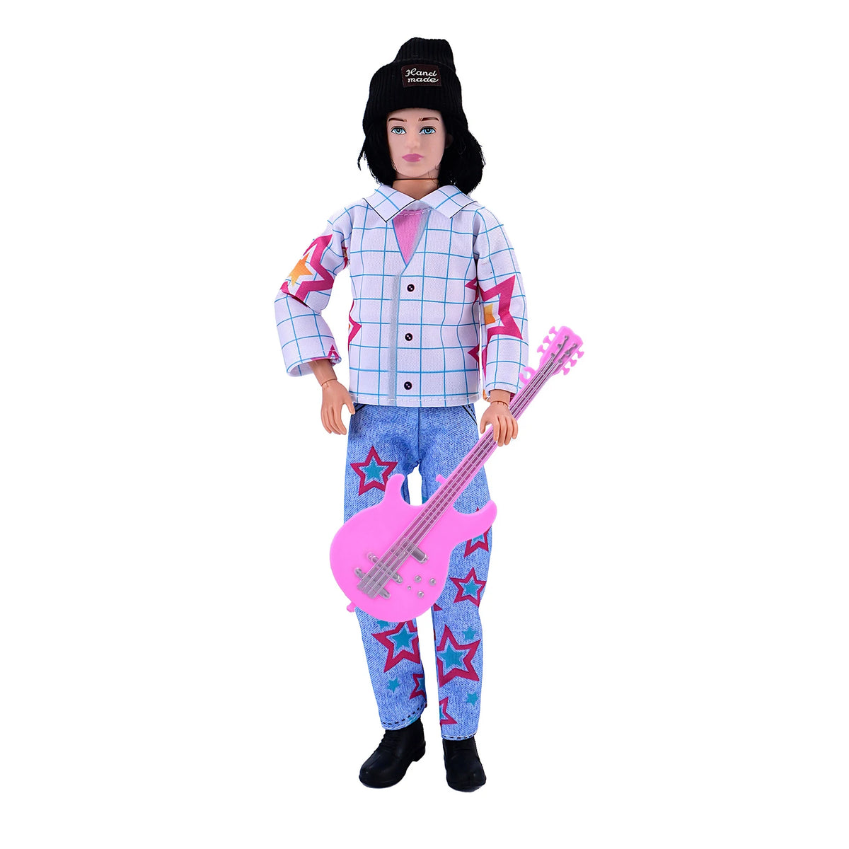 Anime-inspired plush doll wearing a plaid shirt and jeans holding a pink electric guitar