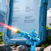 A blue electric water blaster toy is shown firing a stream of light and flame effects in water.