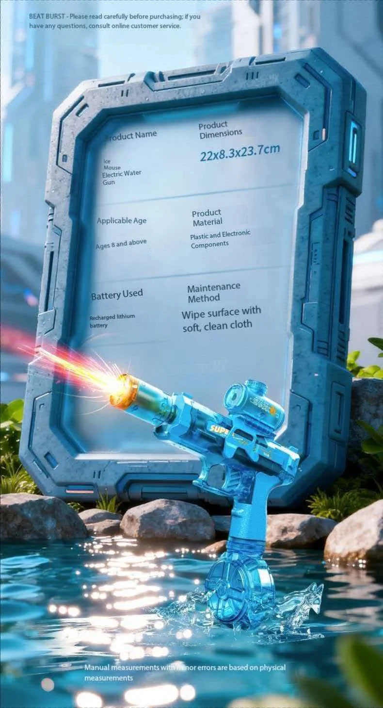 A blue electric water blaster toy is shown firing a stream of light and flame effects in water.