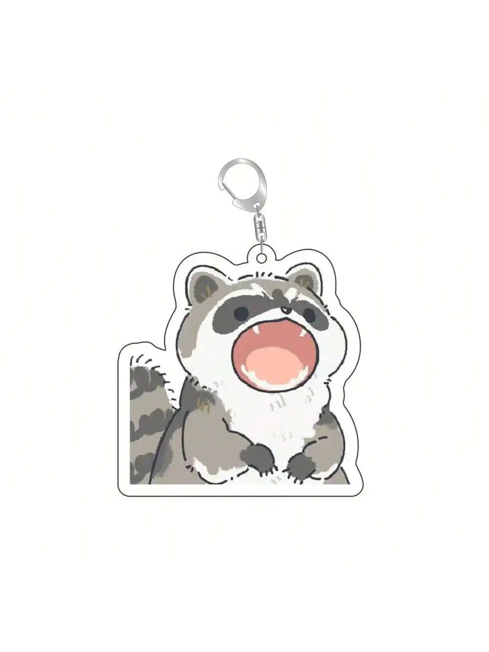 A cute raccoon acrylic keychain with an open mouth expression.