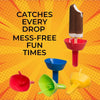 A red popsicle holder with a cartoon design and a blue funnel, yellow funnel, and green funnel.