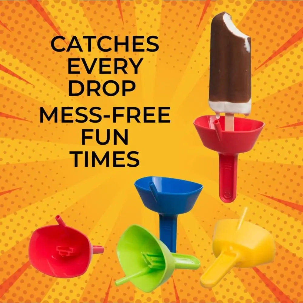 A red popsicle holder with a cartoon design and a blue funnel, yellow funnel, and green funnel.