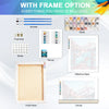 A kit with a frame option showing various brushes, paints, stickers, and canvas materials for painting