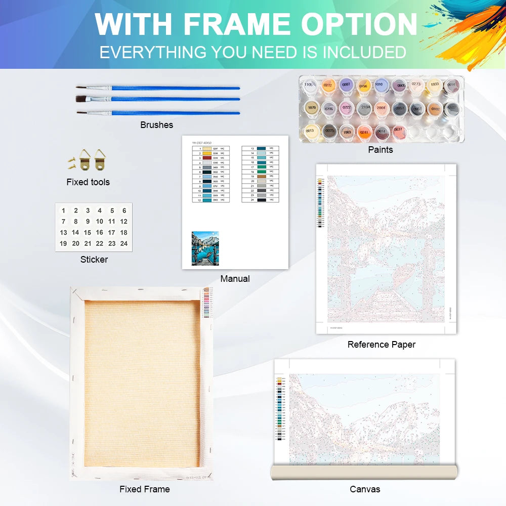 A kit with a frame option showing various brushes, paints, stickers, and canvas materials for painting