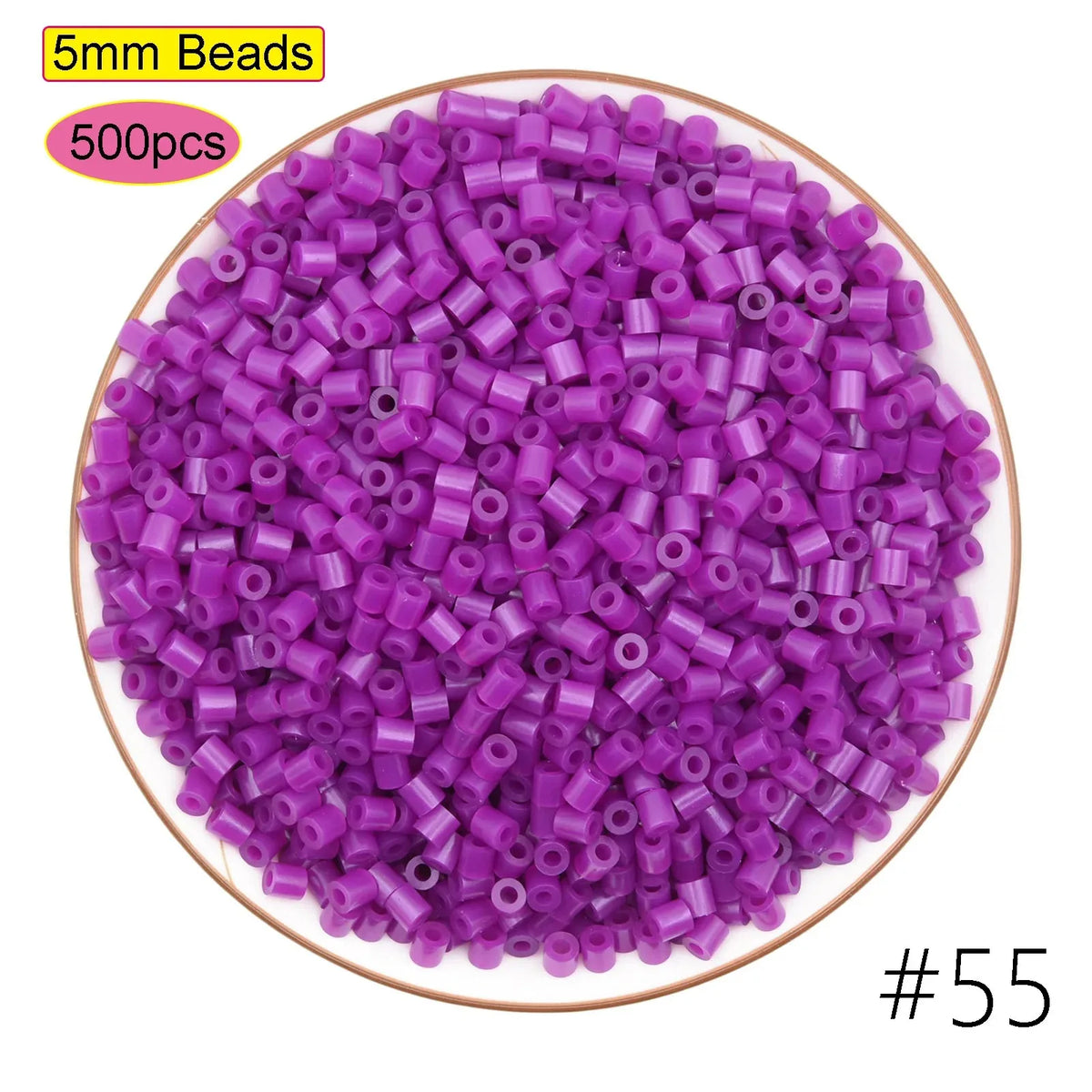 A pile of 5mm purple plastic beads, 500 pieces, used for craft projects.