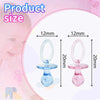 Two clear acrylic pacifiers shown with size measurements for baby shower decorations
