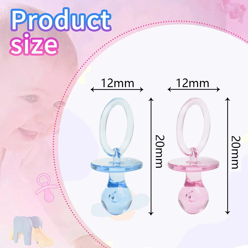 Two clear acrylic pacifiers shown with size measurements for baby shower decorations