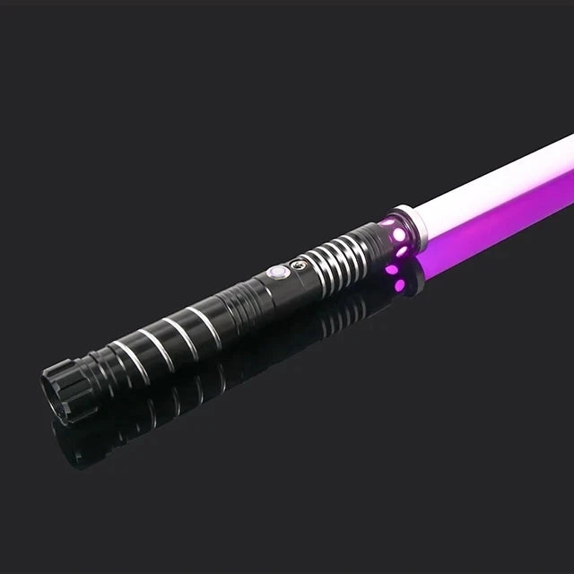 An RGB metal lightsaber with a glowing purple blade and black hilt is shown against a dark background.