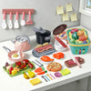 A kids pretend play kitchen set featuring various fruits, vegetables, and cookware for role-playing.