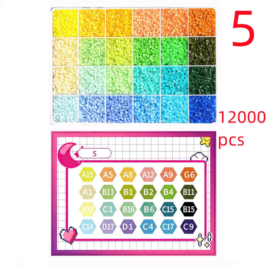 A colorful Perler bead craft kit showing 12,000 beads in five distinct color sections and a grid layout for crafting.