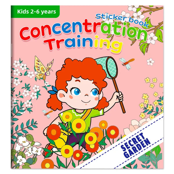A children's book titled Concentration Training featuring an illustration of a smiling girl with red hair looking through a m