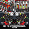 A detailed view of a motorized V8 supercar engine building kit showing various components and mechanical parts.