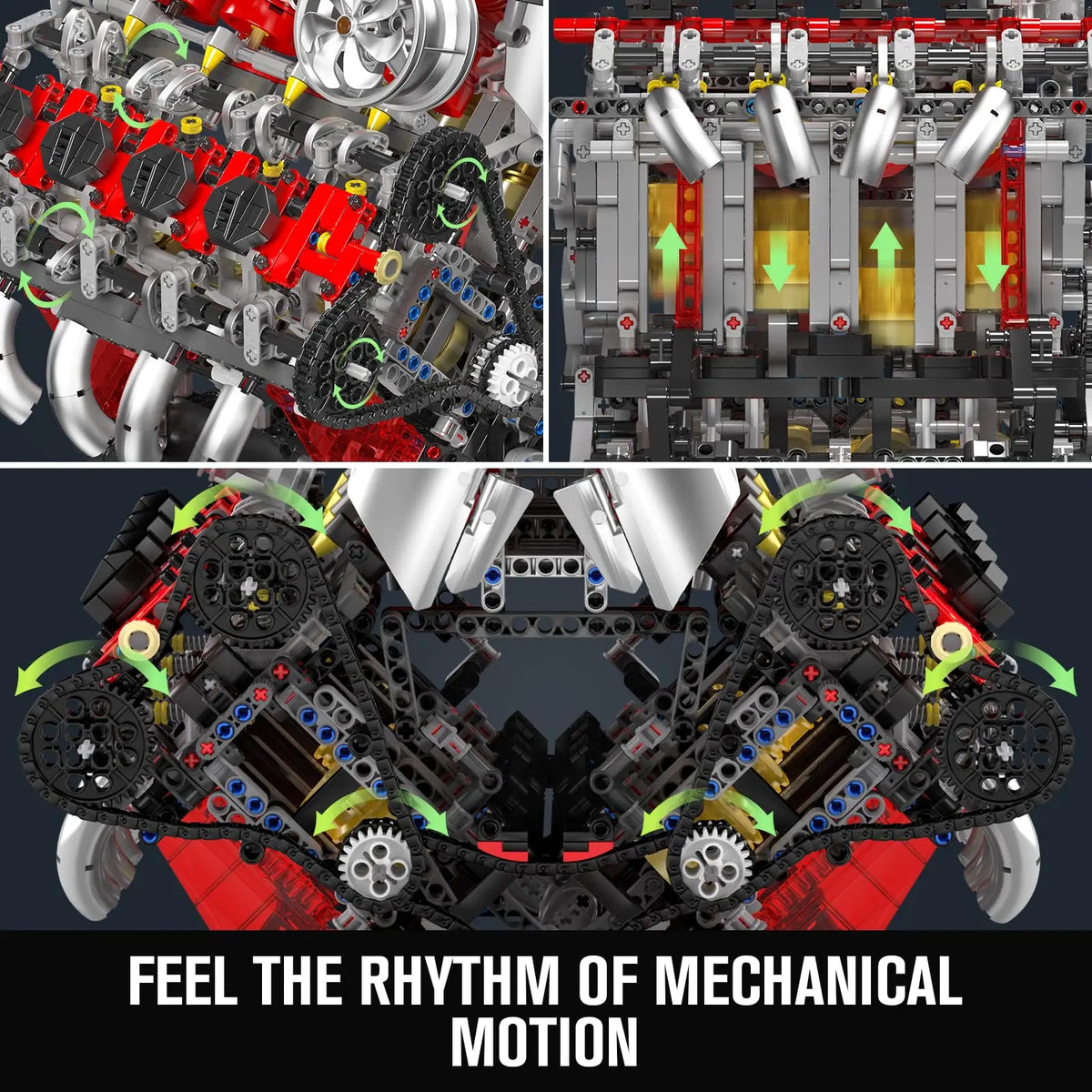 A detailed view of a motorized V8 supercar engine building kit showing various components and mechanical parts.