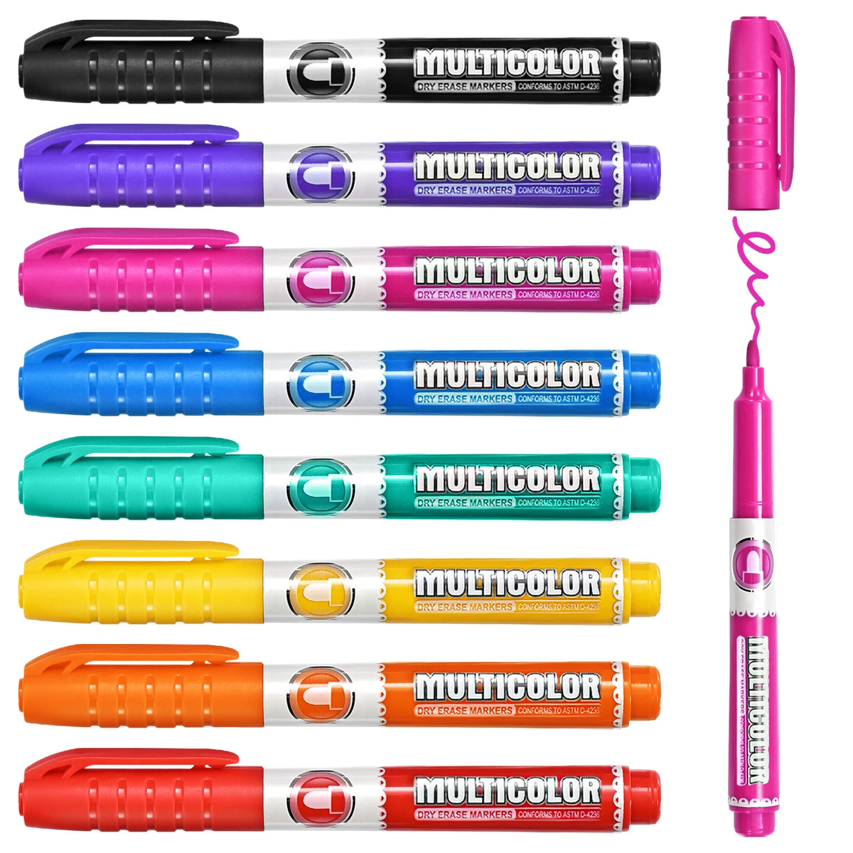 A collection of eight multicolored dry erase markers with chisel tips in various colors like black, purple, pink, blue, and y