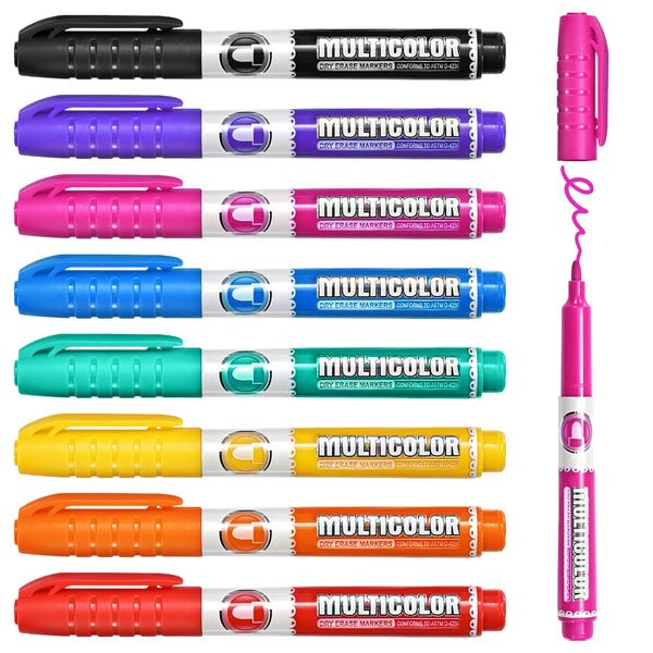 Ocho marcadores borrables de colores variados con puntas biseladas, incluyendo negro, morado, rosa, azul y amarillo.