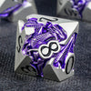 A silver metal die featuring a purple dragon design and the number 3, set against a dark background.