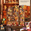A detailed wooden miniature dollhouse kit featuring various figures and scenes assembled in a puzzle format.