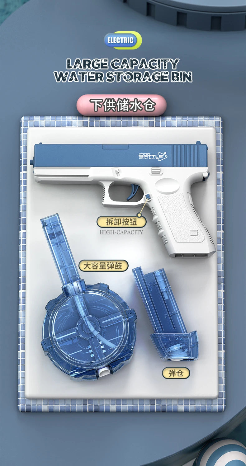 A white electric automatic water gun is displayed on a blue and white patterned surface with various components like a drum m