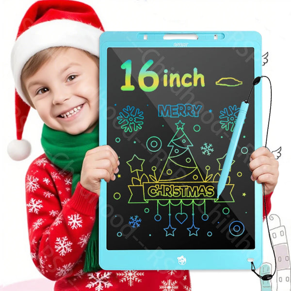 A smiling child holds a blue writing tablet displaying 16 inch and Christmas graphics.