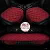 A set of three red quilted plush anti-slip car seat cushions shown in the interior of a car.
