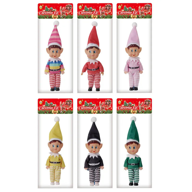 A set of twelve musical LED light-up Christmas elf hanging decorations in various colors and styles.