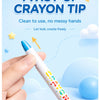 A hand holds a white twist-up crayon with colorful tips, demonstrating its clean and easy to use design.