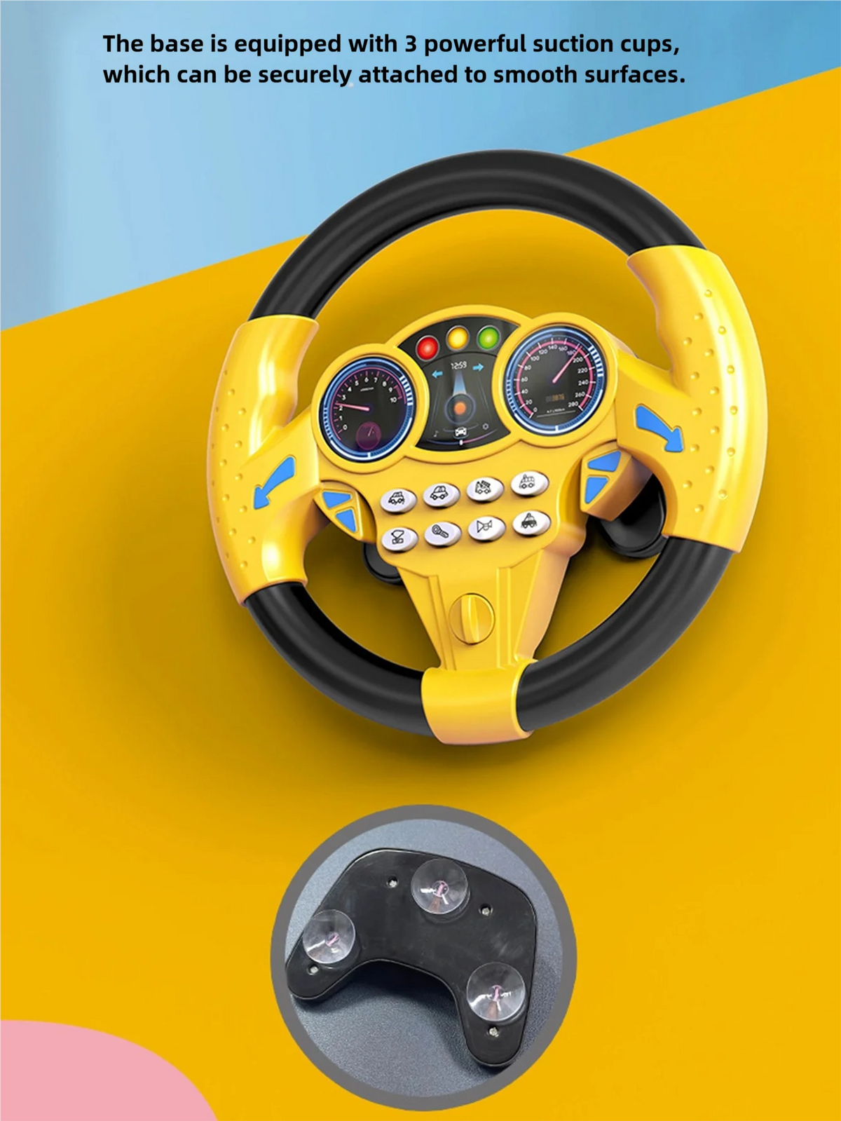Volant éducatif jaune à rotation 360°, avec ventouses et une base séparée.