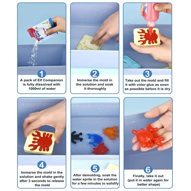 A step-by-step guide showing how to make a water elf craft using a mold and colored glue